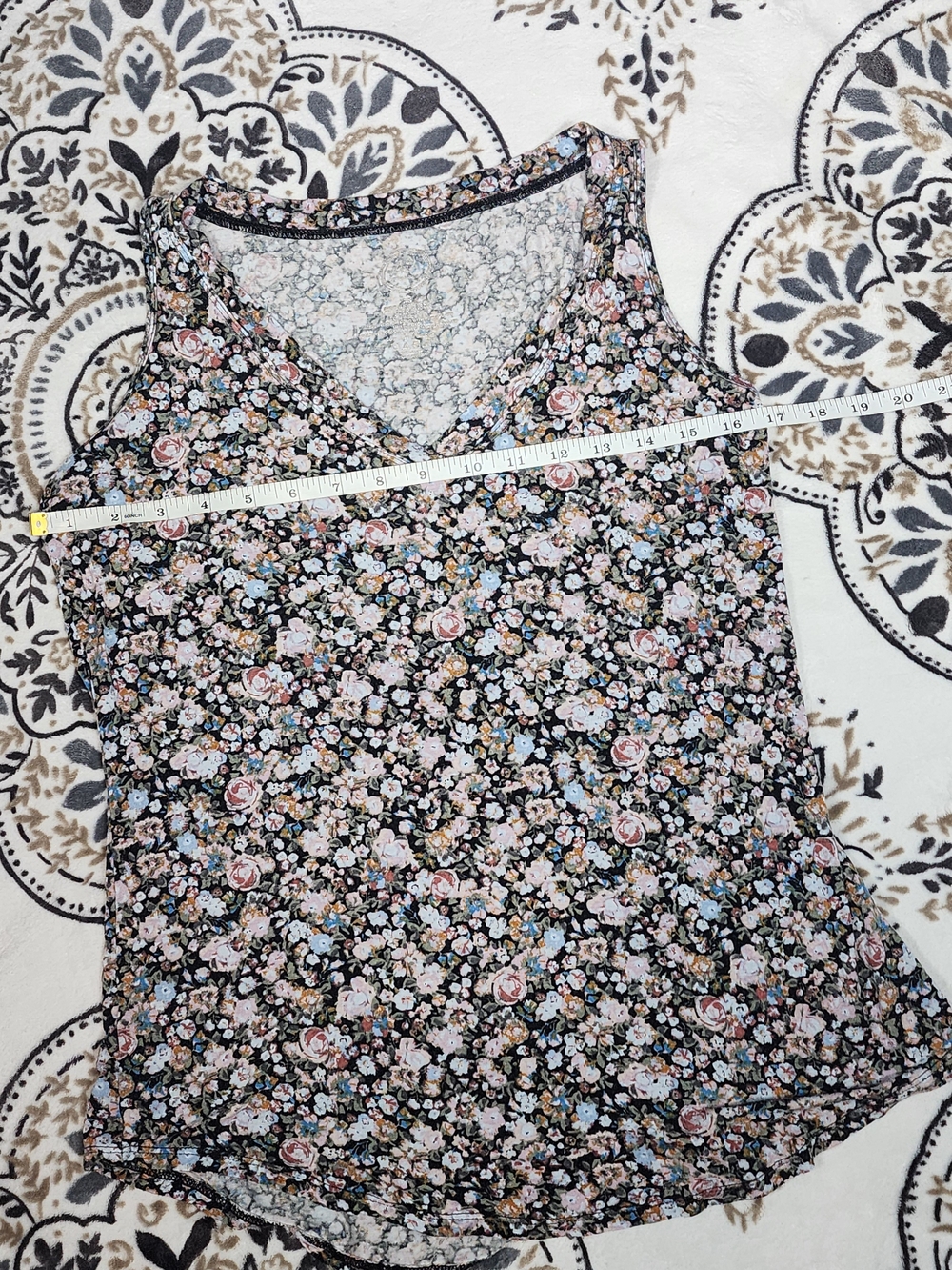 Floral V-Neck Sleeveless Camisole in Black with Pink & Cream Blooms - Picture 3 of 7